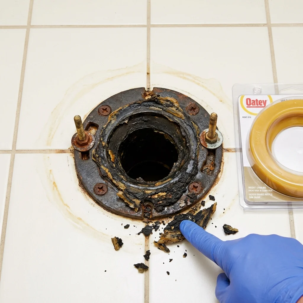 Failed wax ring showing water seepage at the base of a toilet in a Granville, MA home