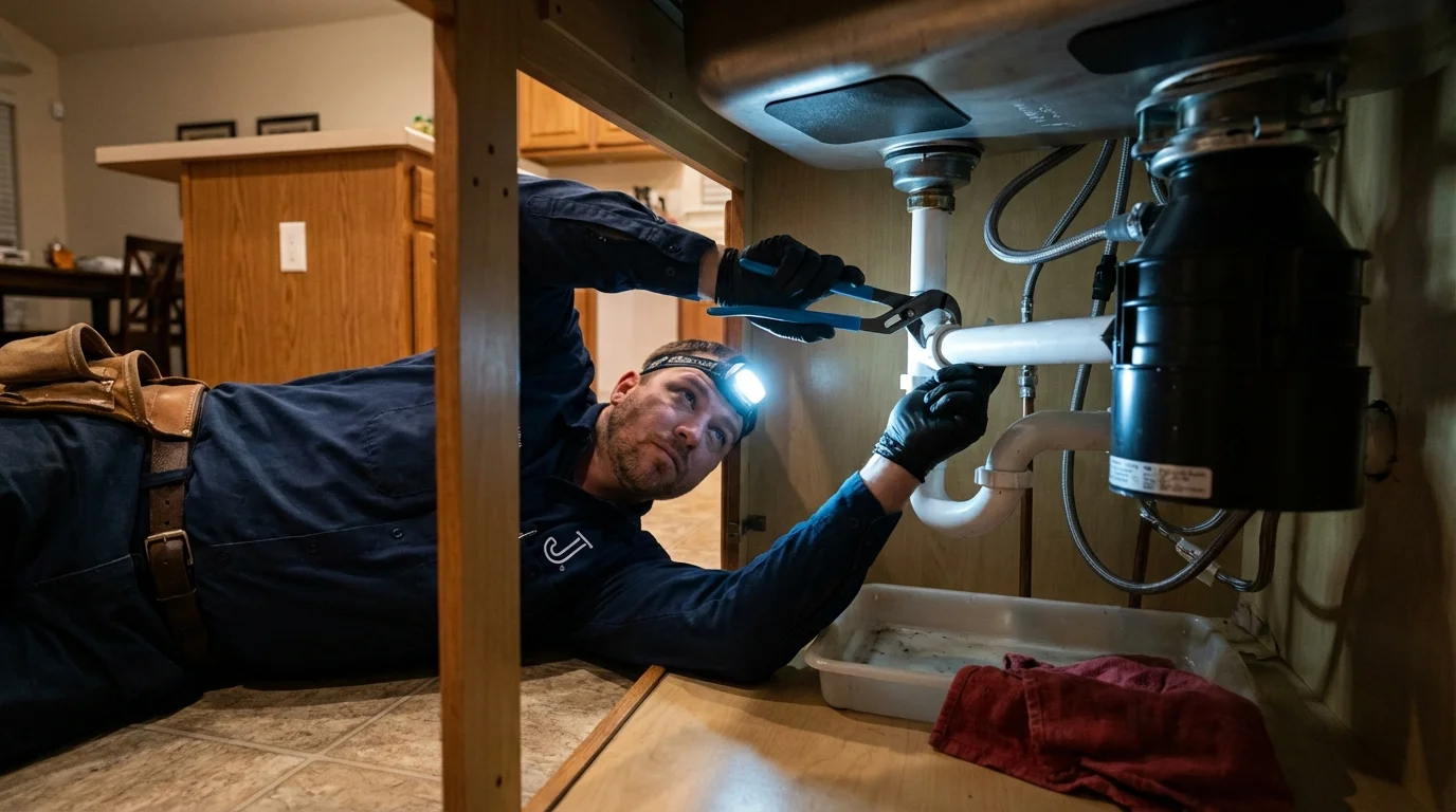 P-trap and supply line connections under a kitchen sink showing a common leak point in Granville, MA
